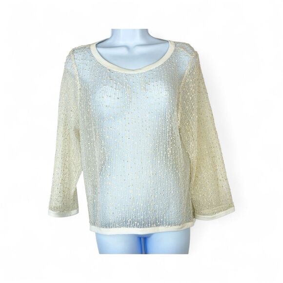 Beige By ECI Womens Sz 12 Sheer Open Weave Top Gold Sparkles Long Sleeve Holiday - Picture 1 of 8